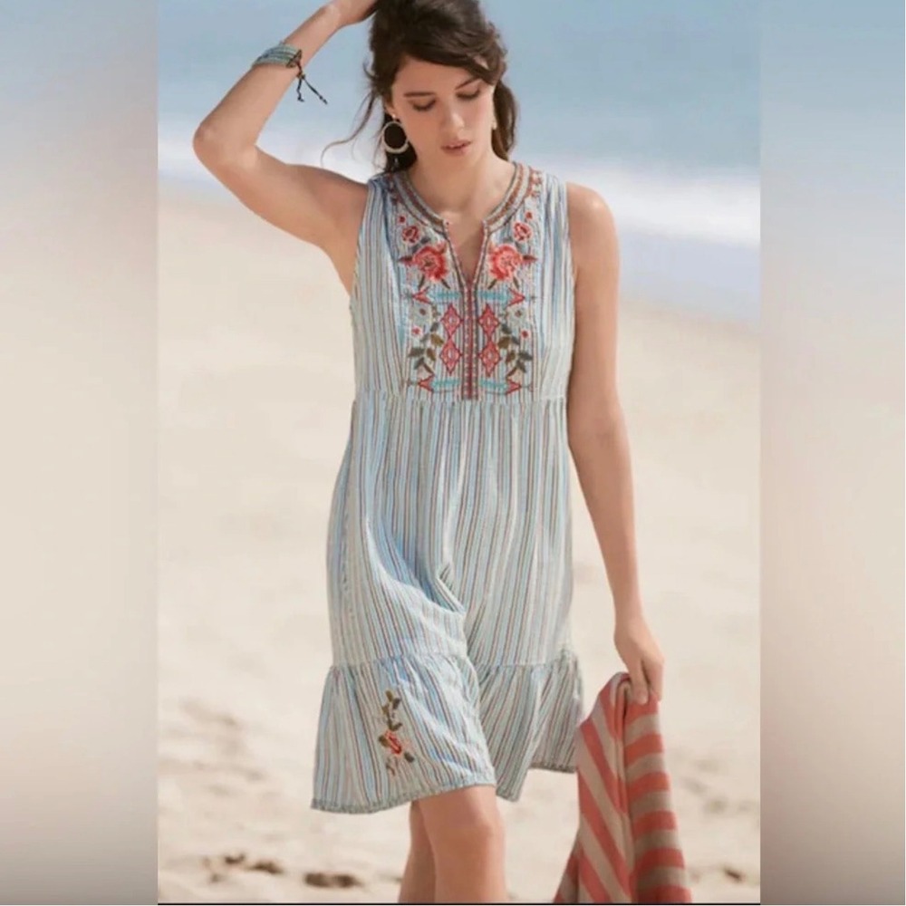 $290 Johnny Was Workshop MED Cyrielle Stripe Floral Embroidered Mini Tank Dress